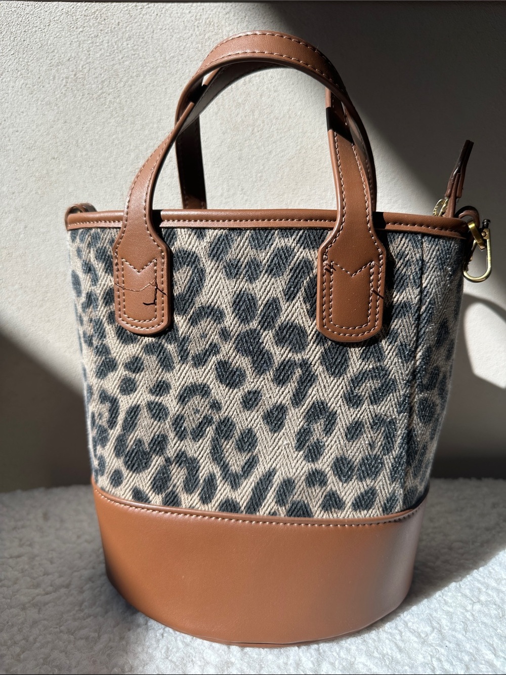 Boden Mini Leopard-Print Bucket Bag with Tan Leather Trim
